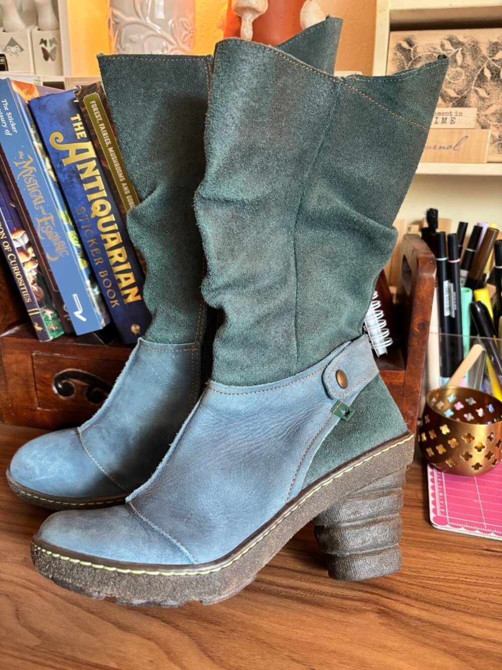 El Naturalista Blue & Green Leather Suede High Heel Boots Size 37 Side Zipper